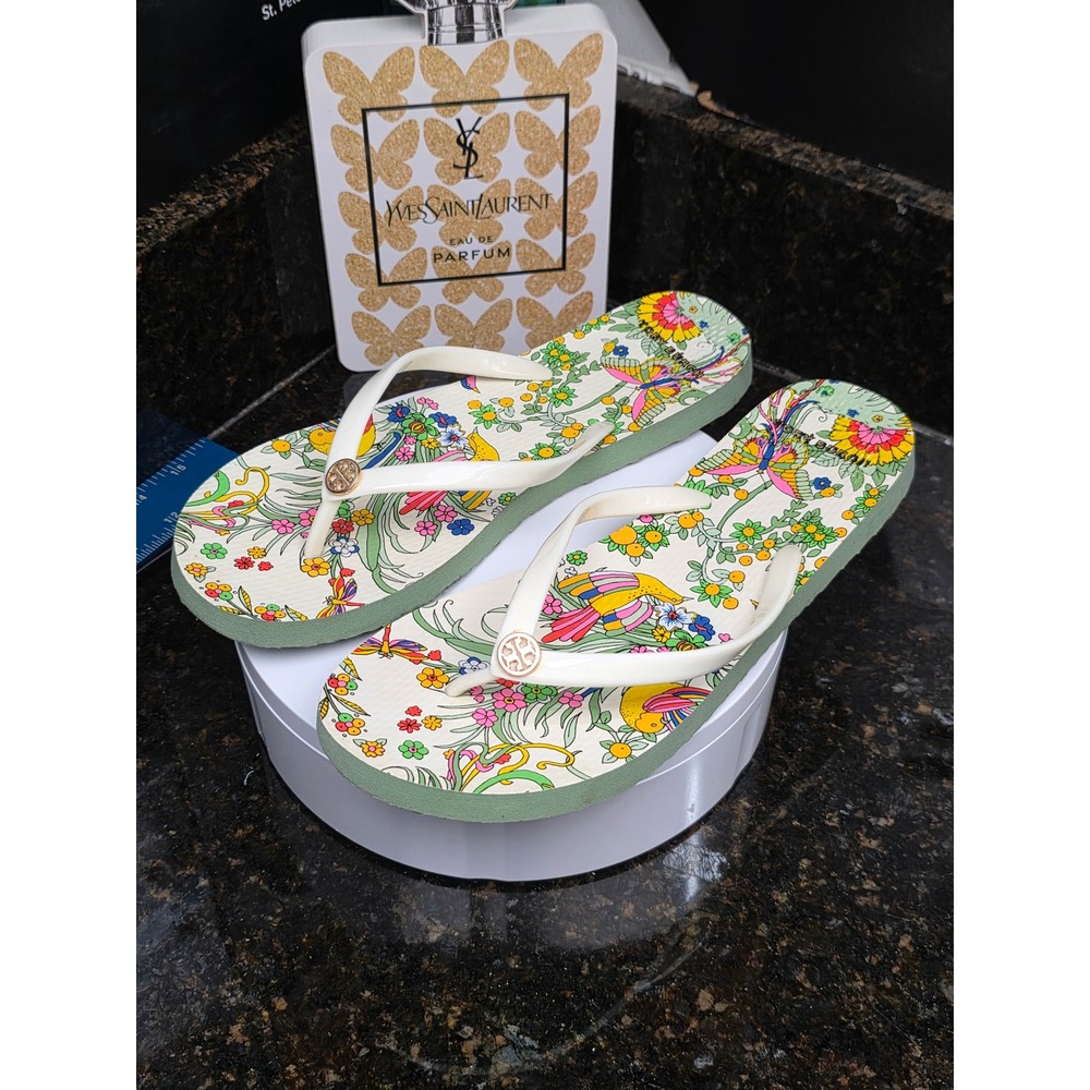 Tory Burch Flip Flops 9 White Green Floral Bird Print Logo Thong Sandals Summer